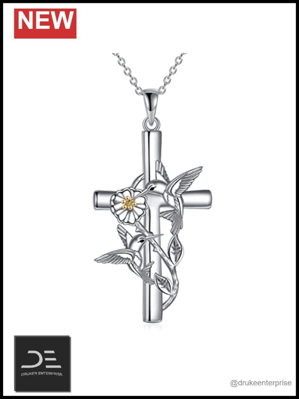 Sterling Silver Hummingbird Daisy Pendant Necklace for Women 18" Chain